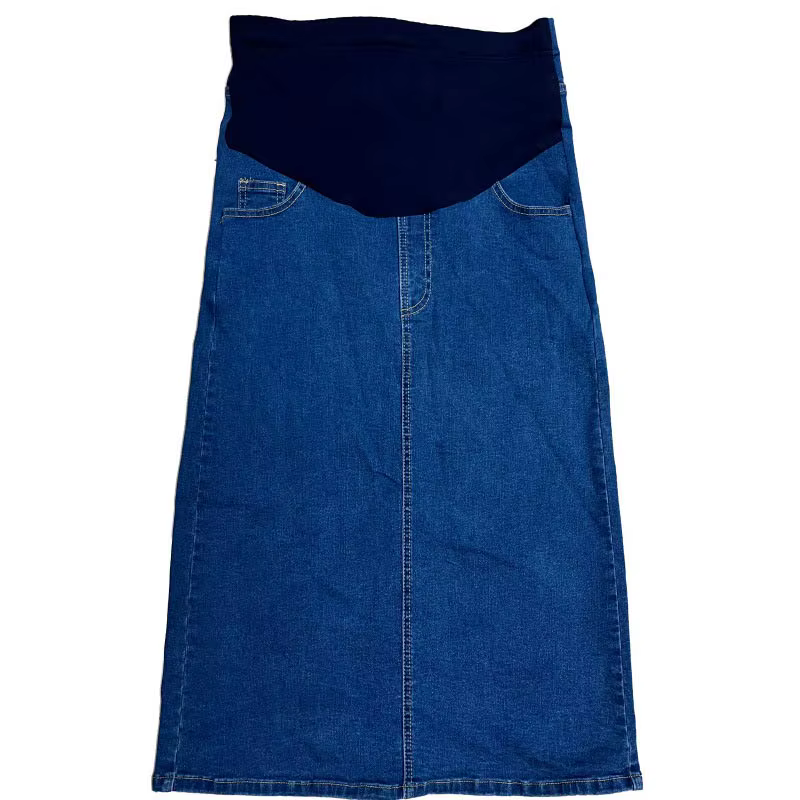 Jupe mi-longue en jean de maternité, soutien du ventre, extensible, amincissante, coupe droite ample