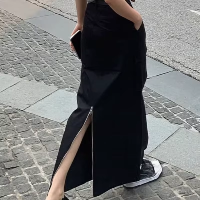 Jupe redingote noire femme 2025 printemps et été taille haute mince fendue jupe longue en forme de A