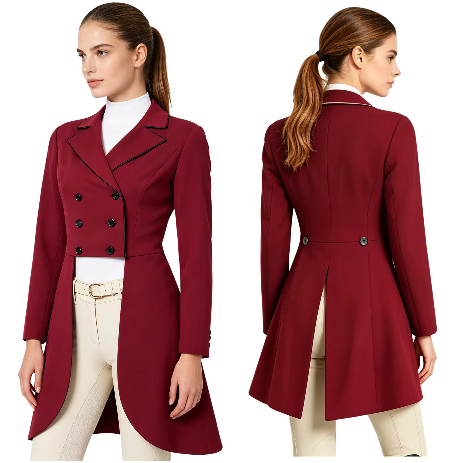 Veste d'équitation pour femmes avec jupe évasée et passepoil blanc, veste longue à double boutonnage