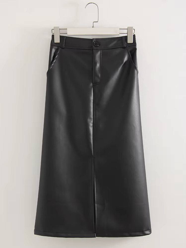 Jupes longues en cuir pour femmes marron haute qualité PU Midi jupe moulante avant fendu taille haut