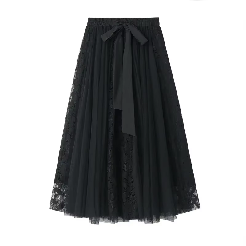 Mode polyvalent Tutu Tulle jupe femmes jupe longue coréenne mignon nœud taille haute dentelle brodée