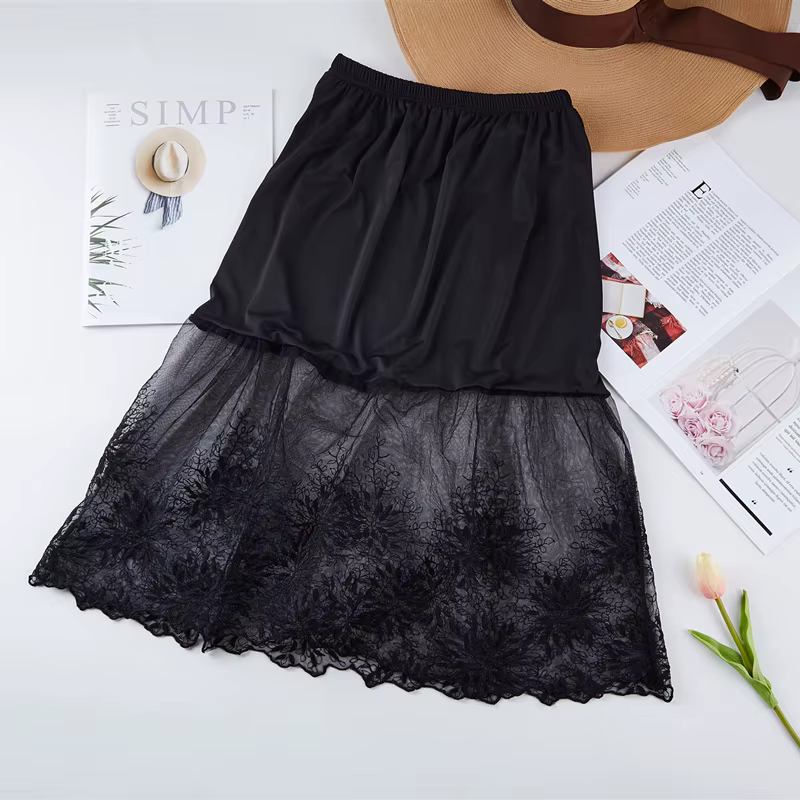 Femmes jupe Extender genou dentelle Slip longueur creuse a-ligne demi-extension femmes dame dentelle