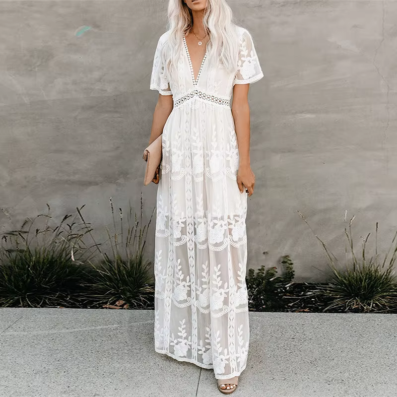 Robe longue en dentelle 2025 – Nouvelle collection élégante pour femme, taille décorée, manches cour