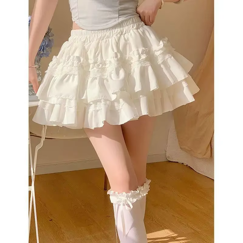 Jupe courte plissée multicouche style ballet en dentelle pour femme, jupe mi-longue blanche d'été à 