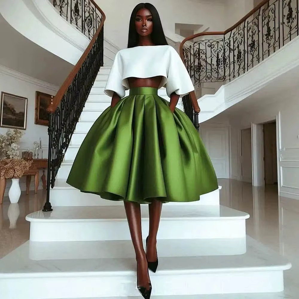 Jupe longue en Satin vert pour femmes, longueur aux genoux, plissée, taille haute, jupe de soirée, A