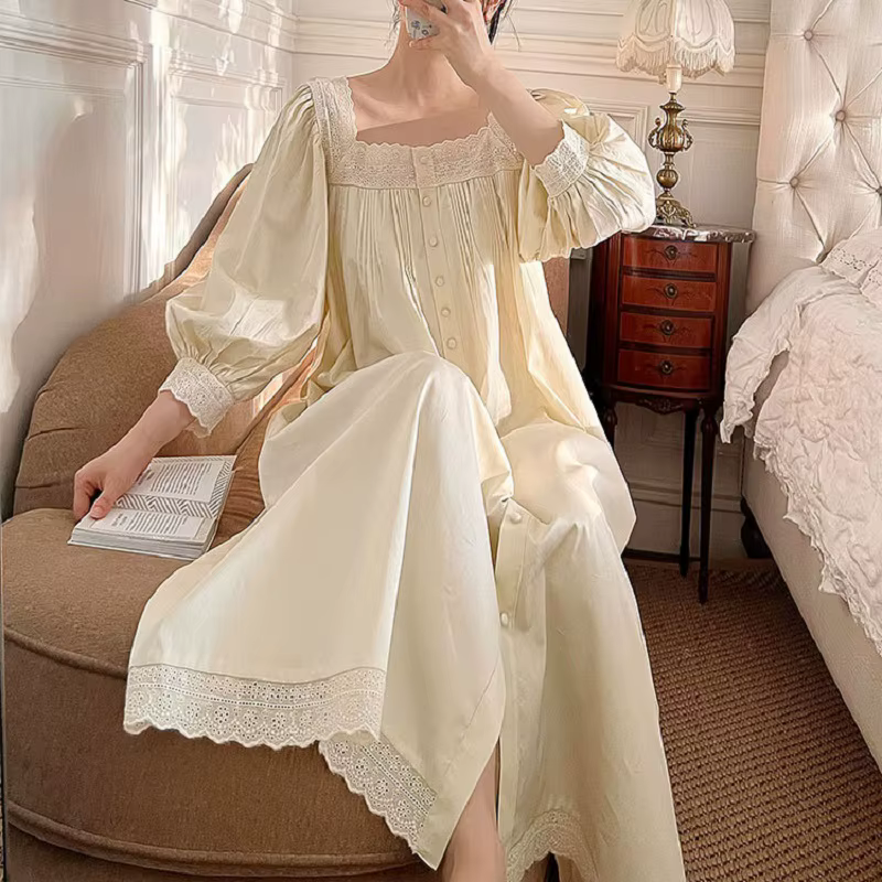 Vintage broderie coton longues chemises de nuit pour dame à manches longues élégant Cardigan chemise
