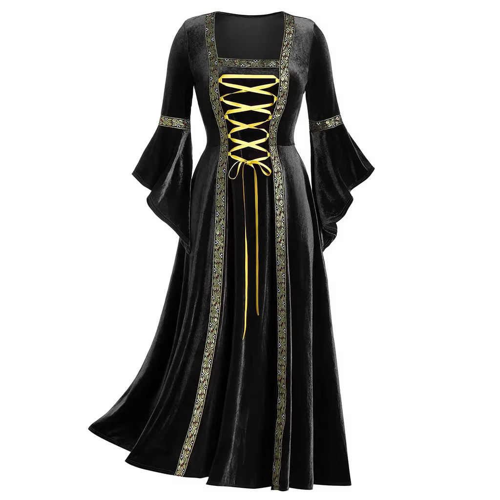 Nouvelle robe longue en velours doré à manches longues style punk pour femme 2026, robe maxi gothiqu