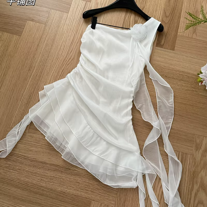 Robe en mousseline de soie blanche chic à plusieurs niveaux pour femmes, tenue de soirée courte, cou