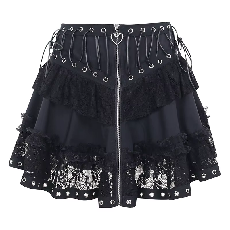 Jupe taille haute vintage punk pour femmes, fermeture éclair sur le devant, style japonais Kawaii, H