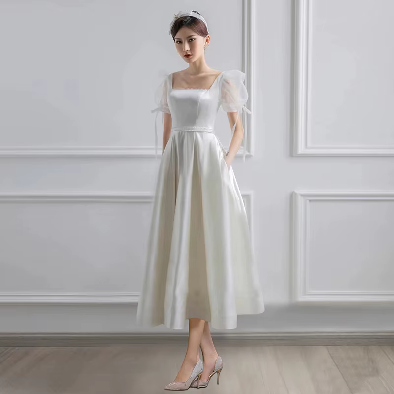 Robes de mariée en satin blanc pour la mariée, élégantes, à manches bouffantes, pour soirée, invitée