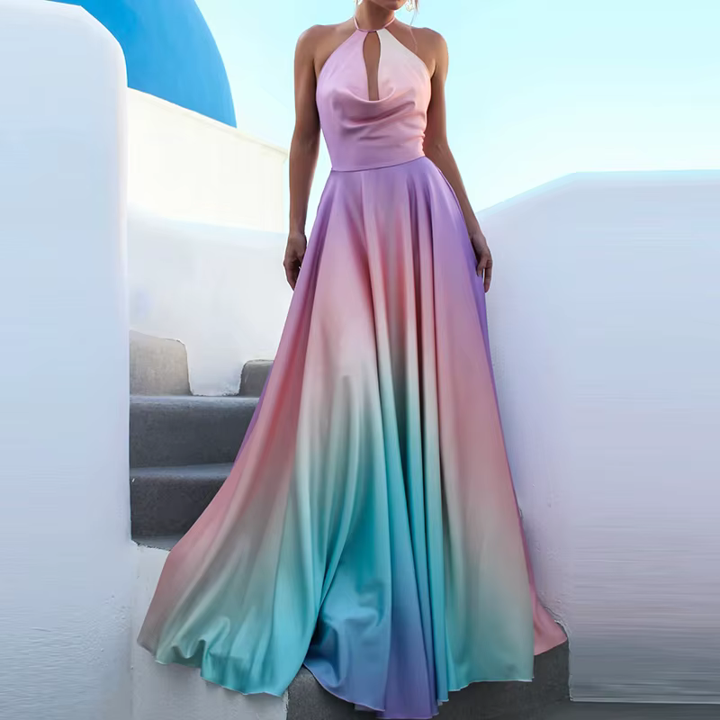 Robe de soirée décontractée à imprimé dégradé pour femmes, robe plissée à taille haute, mode estival