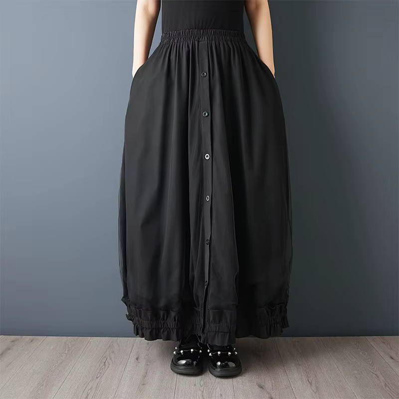 Jupe longue décontractée noire taille haute vintage ample pour femme grande taille printemps-été 202