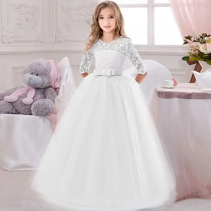 Robe fille 4-14 ans fille arc à manches longues robe de princesse dentelle longue maille robe robe d