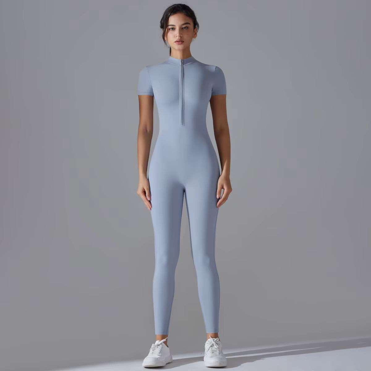 Combinaison de yoga à manches courtes avec fermeture éclair nue, combinaison moulante respirante pou