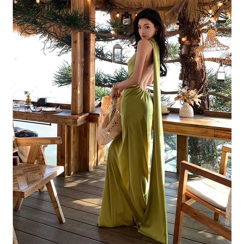 Vintage Robe longue femmes élégant vacances plage Sexy licou dos nu Maxi robes dames Robe de soirée 