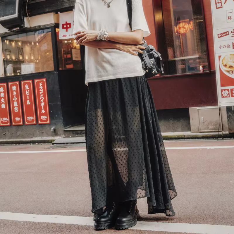 Hirigin mode femmes jupe transparente Y2K à pois cheville longueur longue jupe transparente été prin