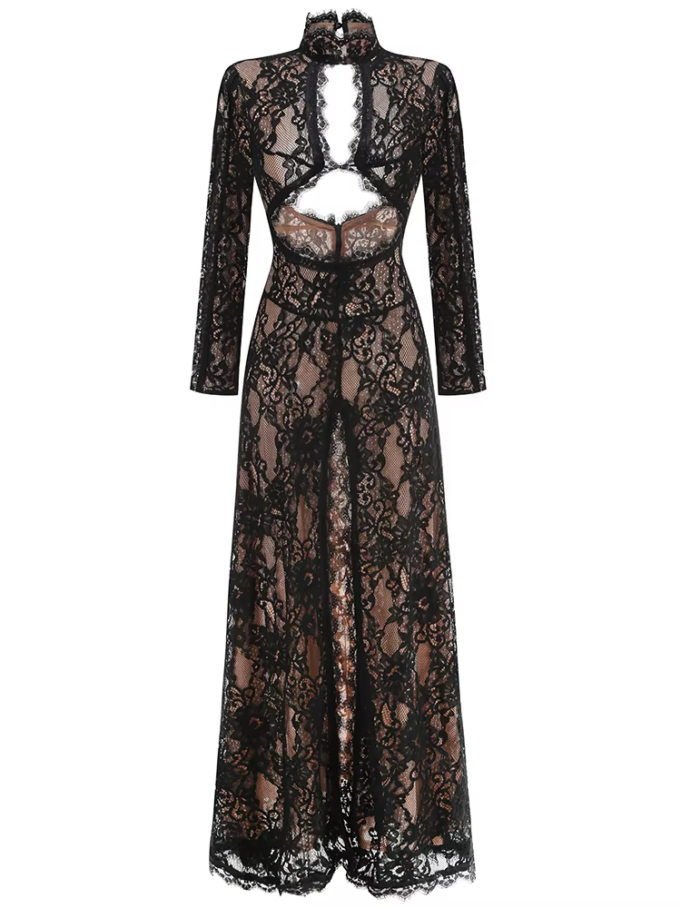 Robe longue en dentelle ajourée pour femmes, Sexy, manches longues, Design, noire, col rond, fendue,