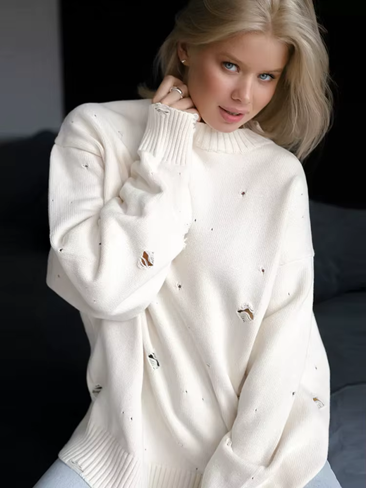 Trou tricoté pull chandails femmes Vintage col rond à manches longues évider en vrac nouveau concept