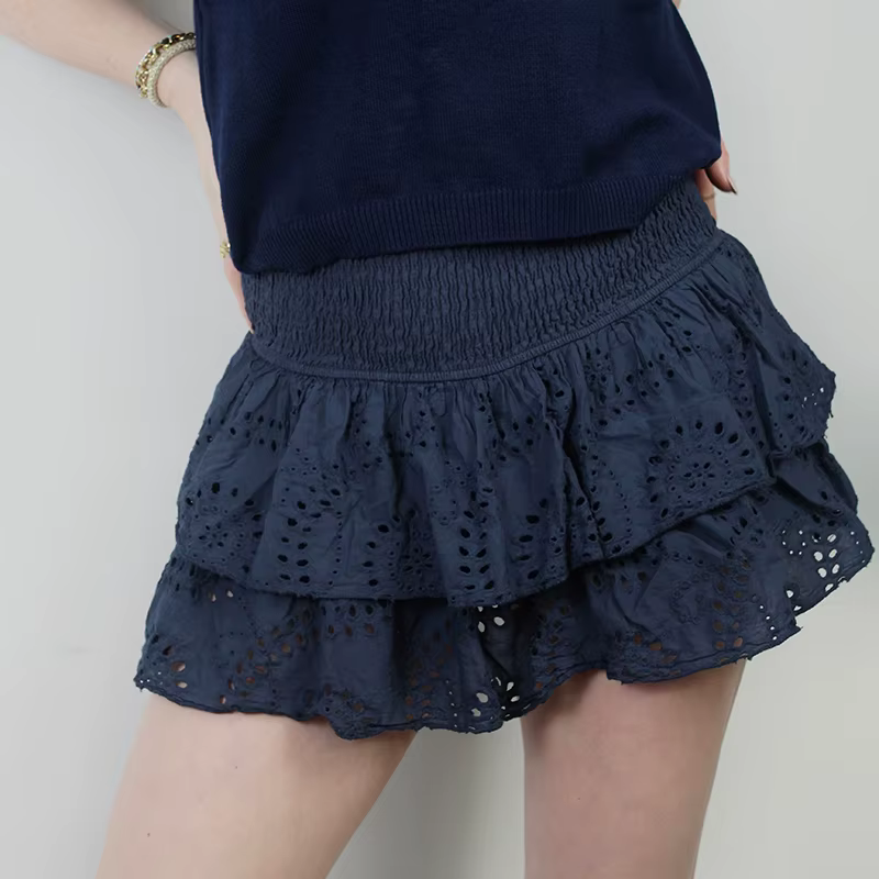 Mini jupe plissée à volants superposés à œillets jacquard pour femmes, jupes trapèze, taille haute, 