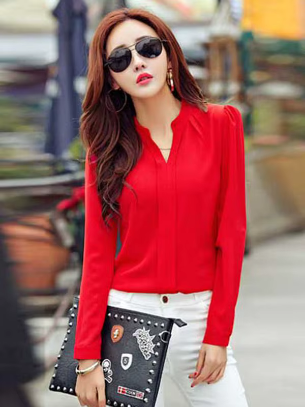 Chemise à manches longues femmes automne vêtements mode mince chemisier en mousseline de soie col en