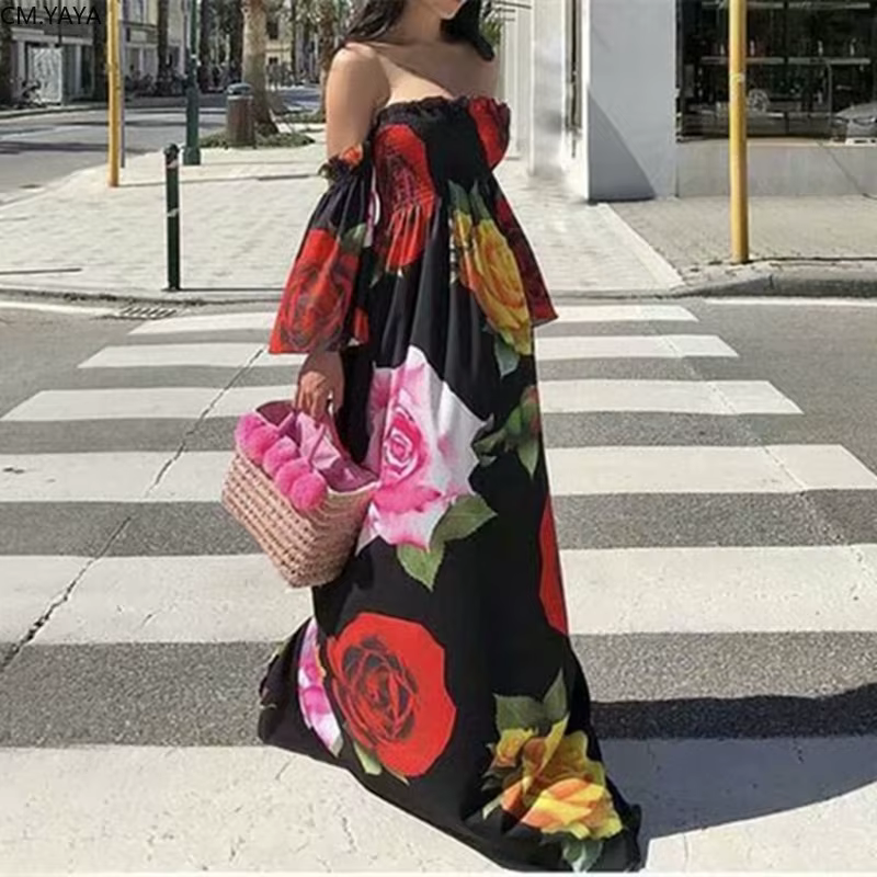 Robe longue de plage bohème en mousseline de soie pour femme, tunique élégante, taille haute, élasti