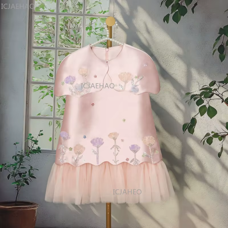 Robes à fleurs roses pour filles, élégantes robes de princesse à fleurs 3D, nouvelle robe pour l'Aïd