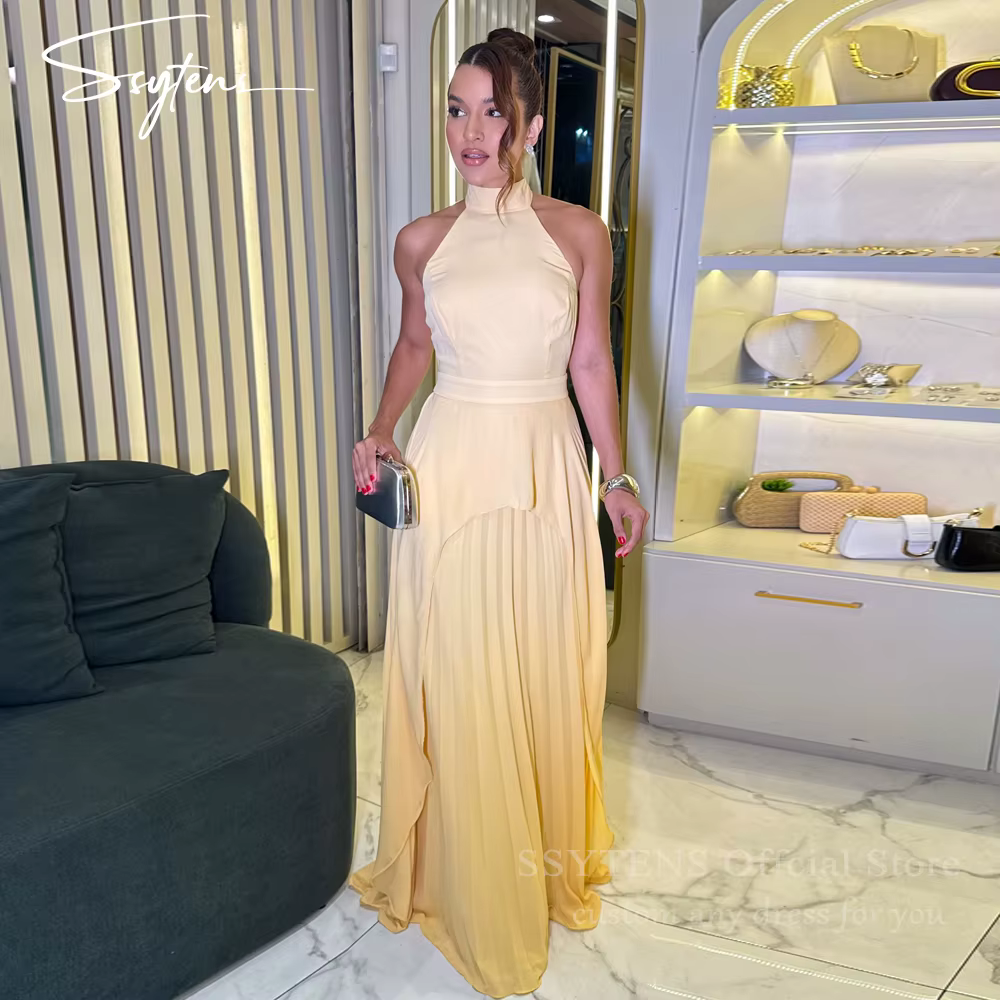 SSYTENS robes de soirée en Satin jaune licou une ligne robes d'occasion formelles modernes célébrité
