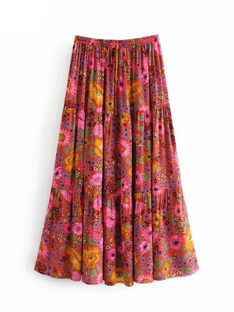 Jupe Longue Vintage Chic à Imprimé Floral Rouge pour Femme, Tenue de Plage Bohème, Taille Haute arti