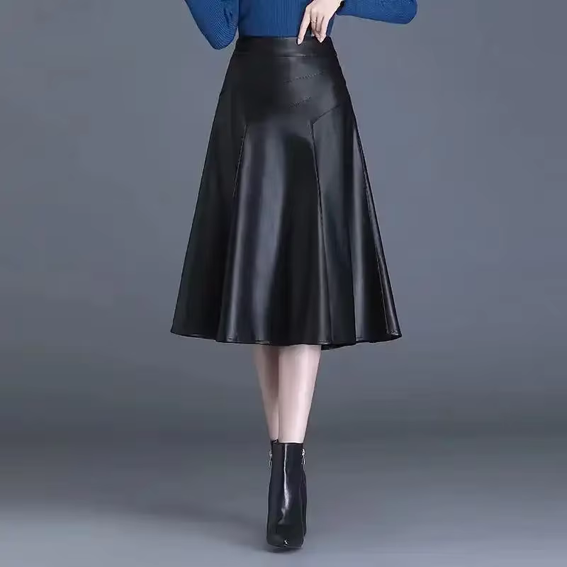 Jupe midi en similicuir pour femme, taille haute, coupe évasée