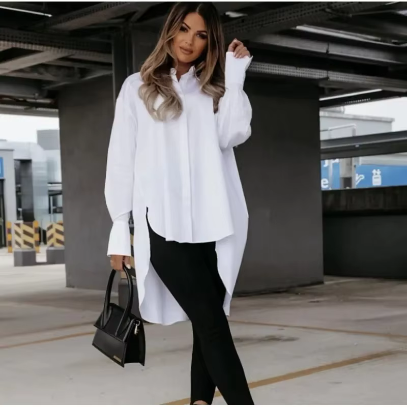Chemisier long femme oversized à bas asymétrique et boutonnage devant – style coréen tendance 2025,