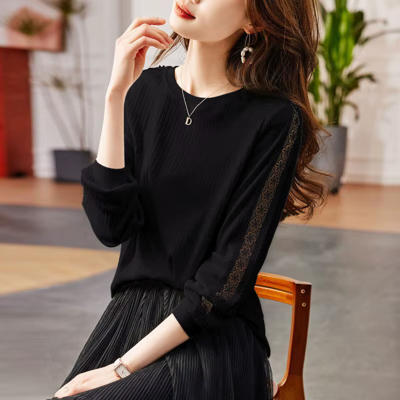 Haut texturé ajouré en dentelle à col rond pour femme, chemise en tricot à manches longues, automne