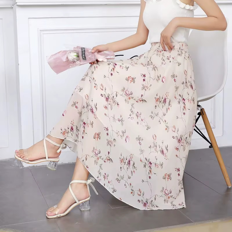 Jupes pour femmes Floral taille haute en mousseline de soie femme jupe Midi vêtements tendance 2025 