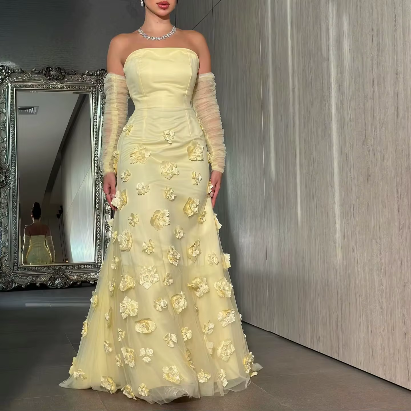 Robes de soirée jaunes, robe de bal sirène à manches longues et fleurs pour concours de beauté et oc