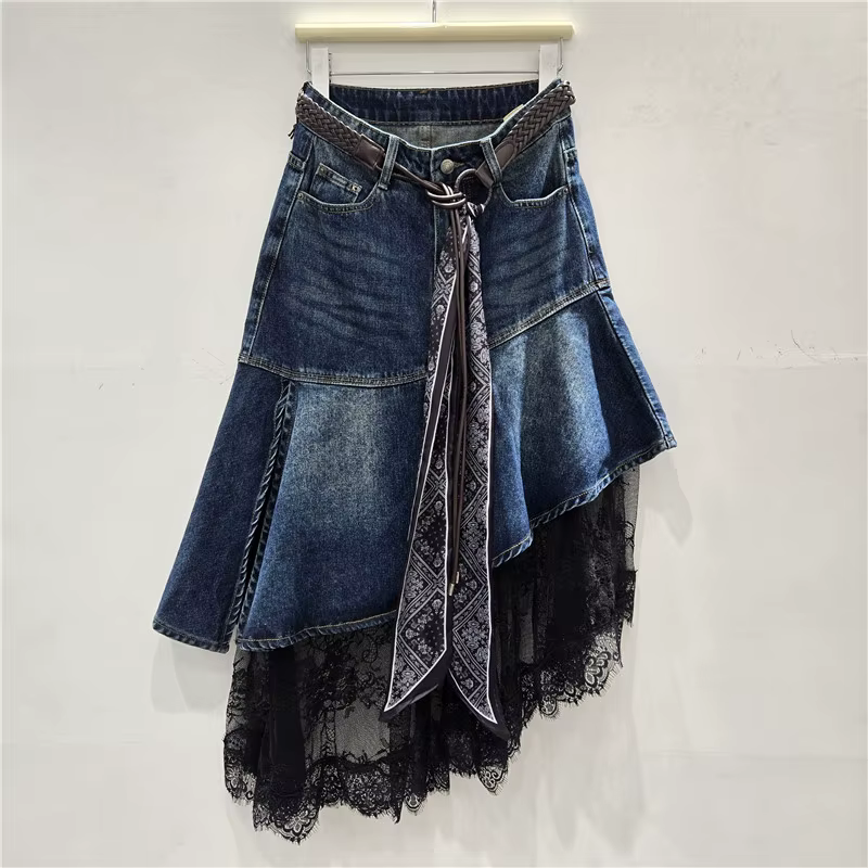 Jupe en jean asymétrique pour femme, patchwork, dentelle, vintage, taille haute, ceinture, délavée,