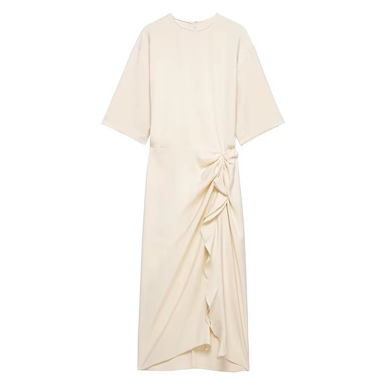 Robe longue plissée beige dos nu pour femme, nouvelle collection printemps-été 2026, style décontrac