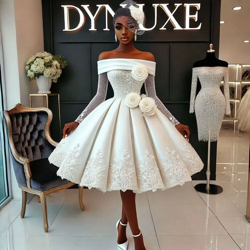 Robe de bal blanche à épaules dénudées pour filles, manches longues transparentes, avec des Applique