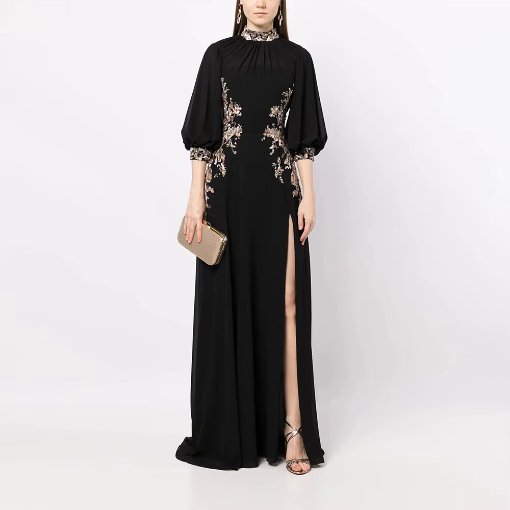 Robe de soirée pour femme de style moderne, noire, coupe trapèze, longueur ras du sol, robe de soiré