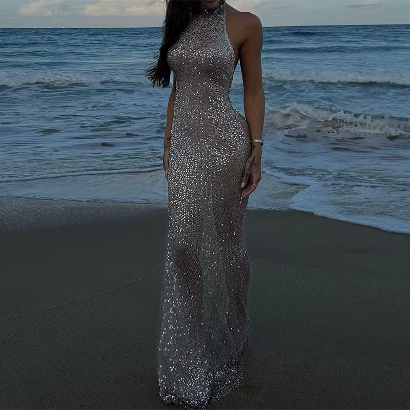 Robe longue sans manches à paillettes pour femme, col suspendu, dos nu, transparente, Slim, élégante