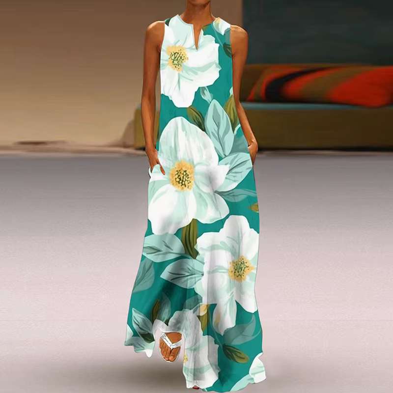 Robe longue imprimée à col en V pour femmes, robes maxi, décontracté, élégant, plage, fête, été, 202