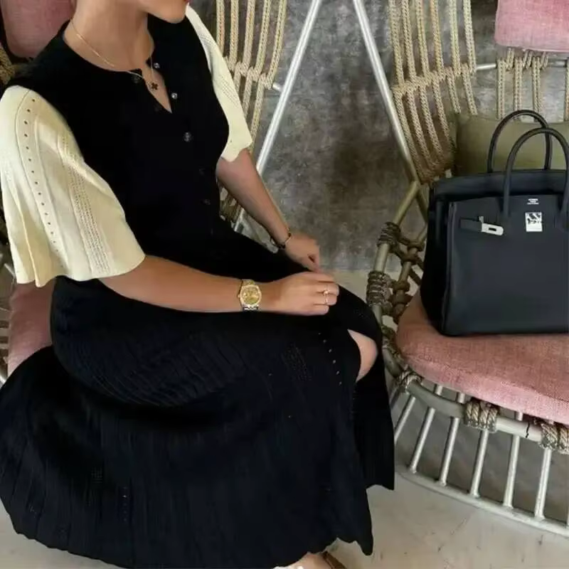 Robe longue en tricot pour femmes, élégante, blanche, Slim, col rond, simple boutonnage, manches cou