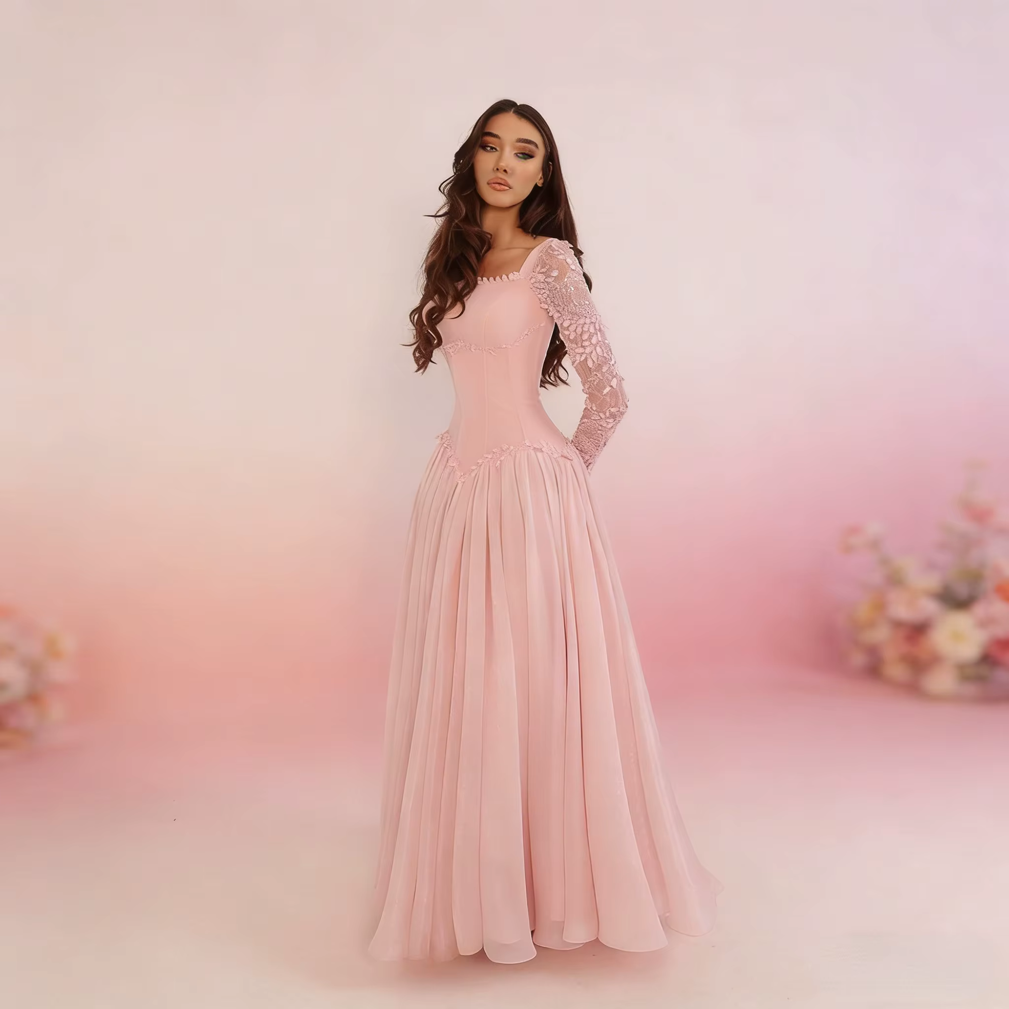 Robes de soirée en mousseline de soie rose poudré, coupe trapèze, avec dentelle florale, manches lon