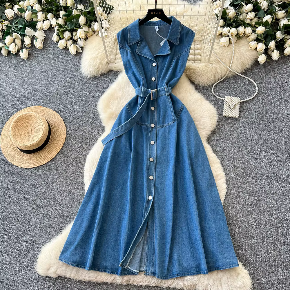 Robe longue en jean pour femme, coupe trapèze, style Y2K streetwear, sans manches, col rabattu, élég