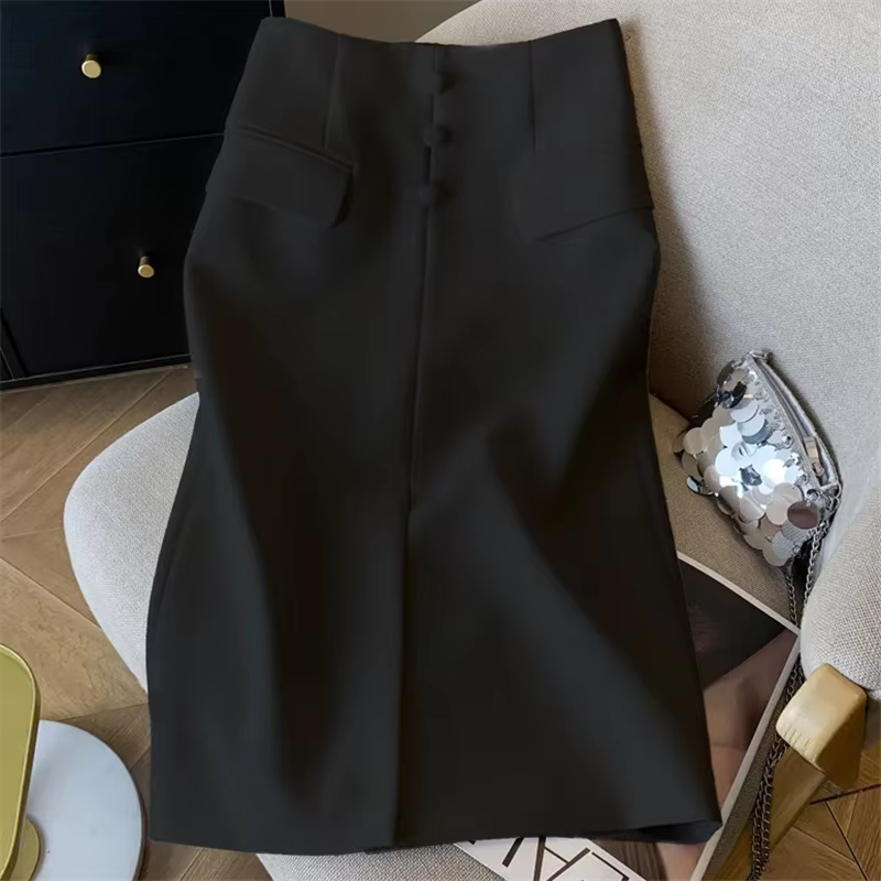Demi-jupe de costume blanc haut de gamme pour femmes, jupe mi-longue fendue à boutons, polyvalente p