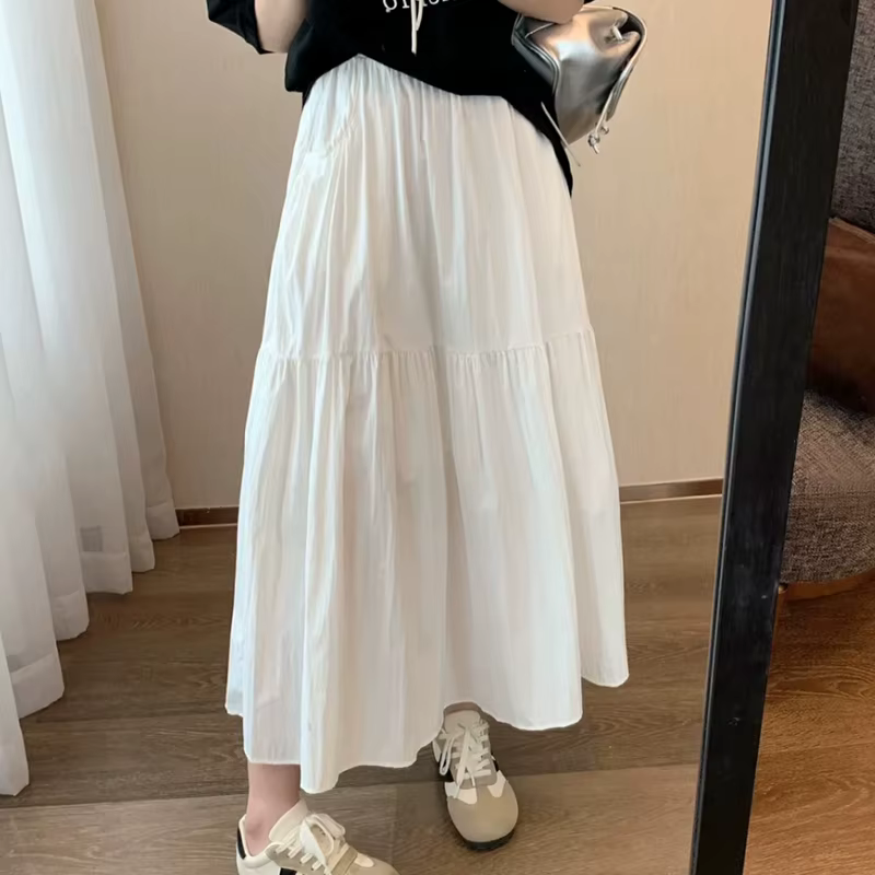 Jupe pour femme à taille élastique avec poches, jupe mi-longue légère d'été à superpositions coupe t
