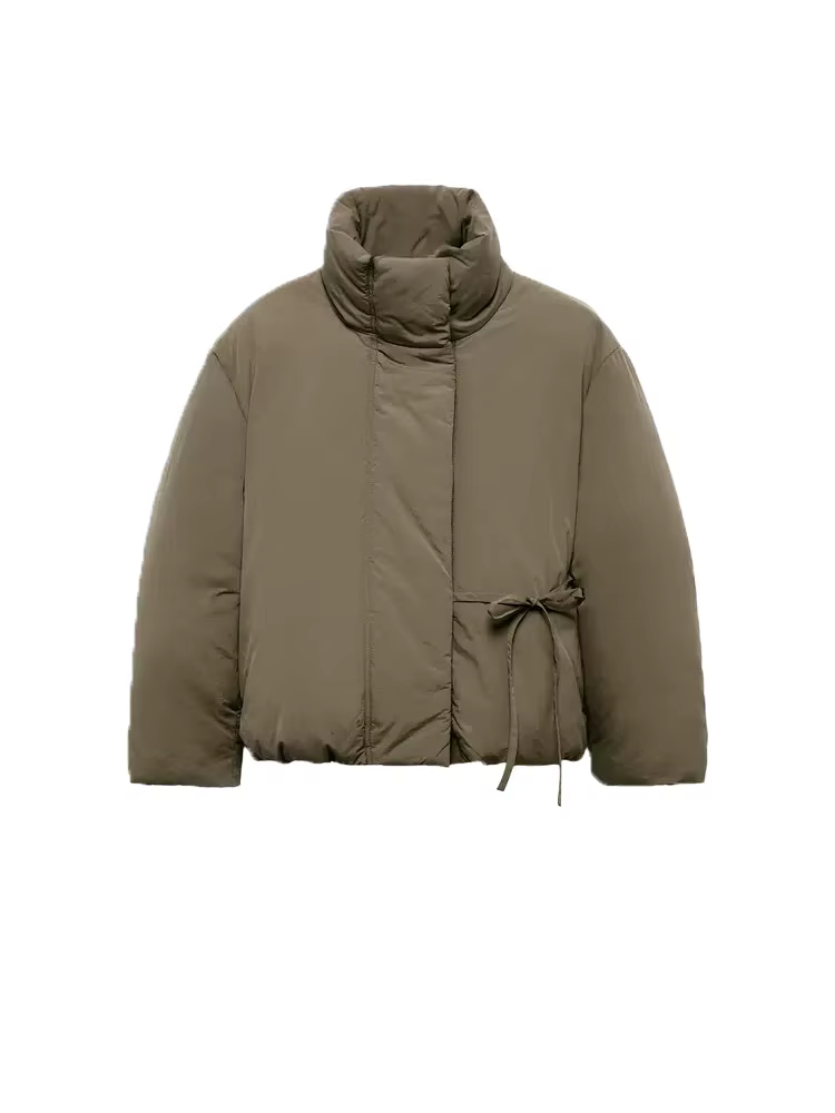 Doudoune d'hiver pour femme, col montant, nœud, manches longues, courte, rembourrée, manteaux amples