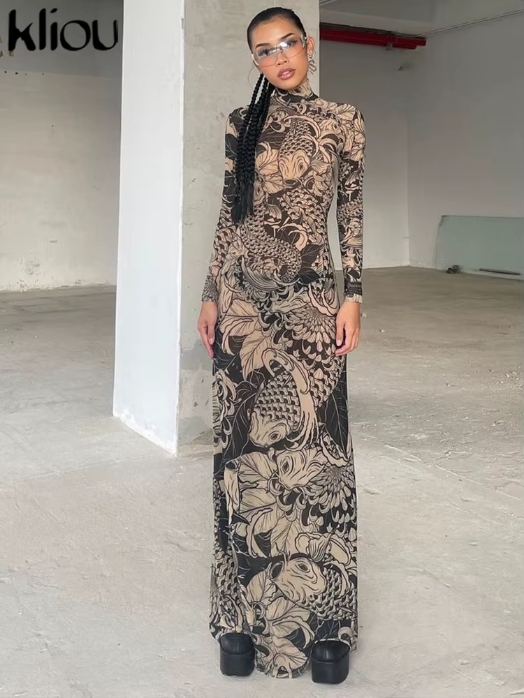 Kliou – Robe Maxi en maille imprimée Vintage pour femmes, Sexy, transparente, manches longues, col m