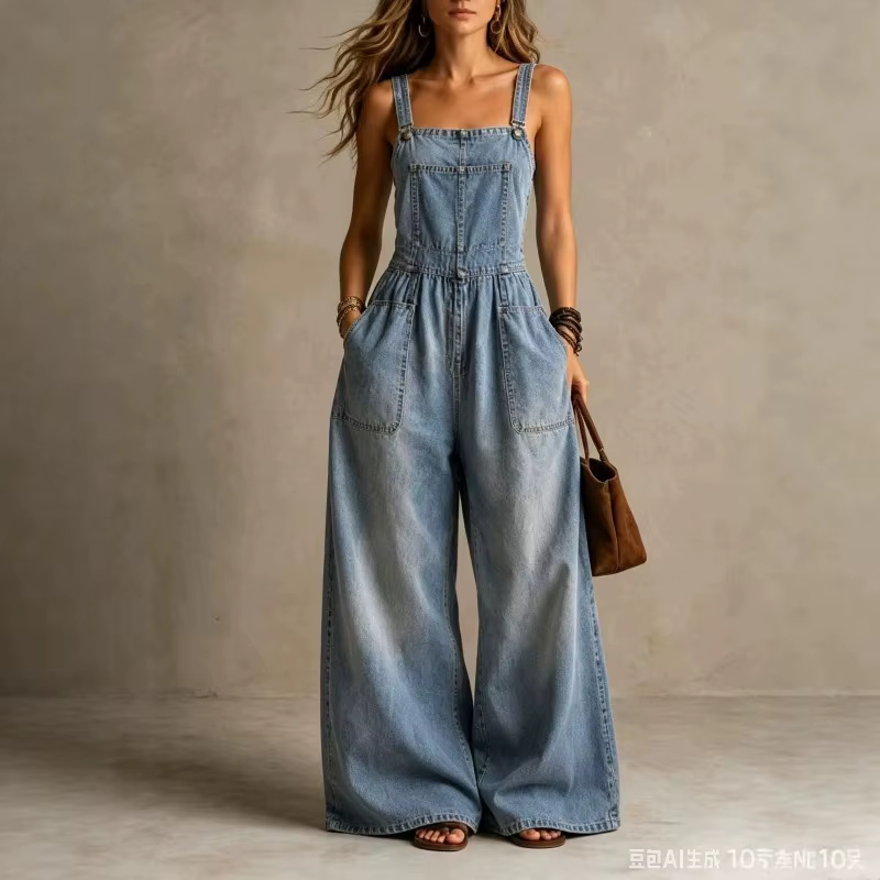 Combinaison Salopette Vintage en Jean pour Femme, Col Carré, Taille Élastique, Jambes Larges, Coupe