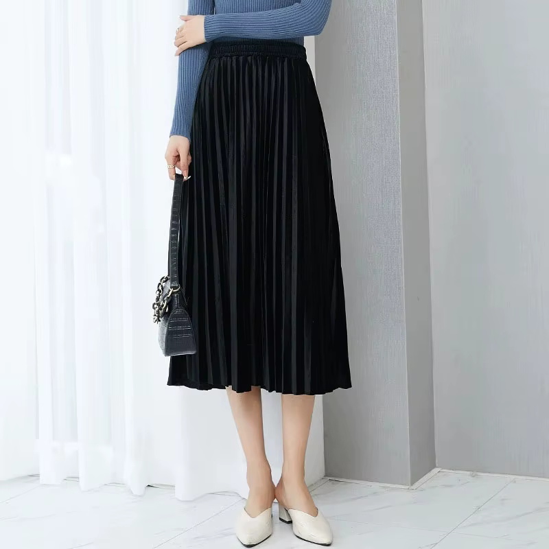 Jupe longue en velours doré pour femmes, jupe plissée élégante, couleur unie, Streetwear, taille hau