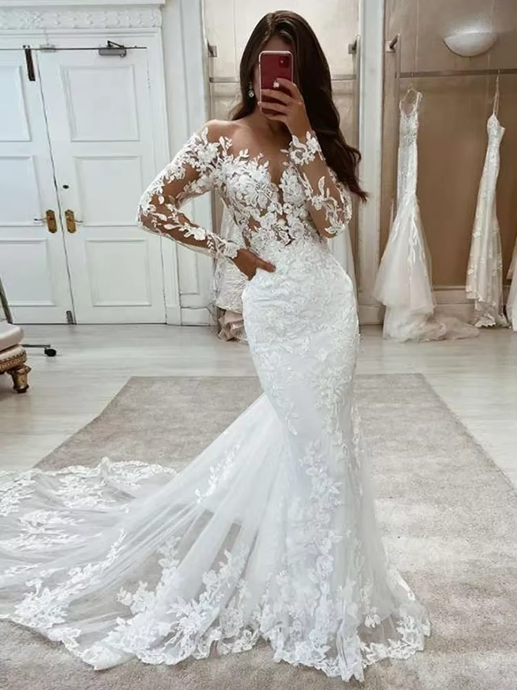 Robes de mariée sirène en dentelle à manches longues, robe vintage blanche ivoire, robe de mariée de