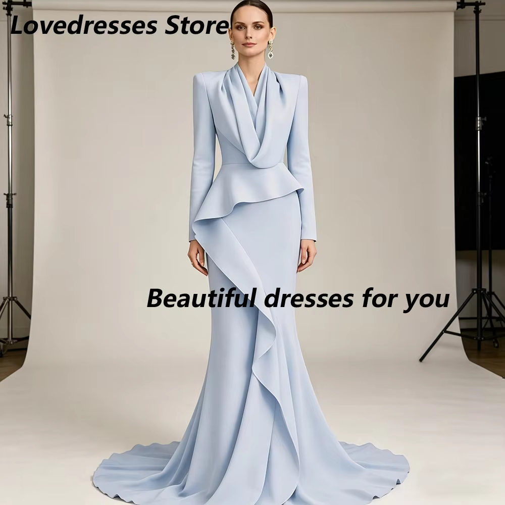 Robe de soirée bleu pâle personnalisée, col en V, manches longues, plissée, coupe sirène, longueur r